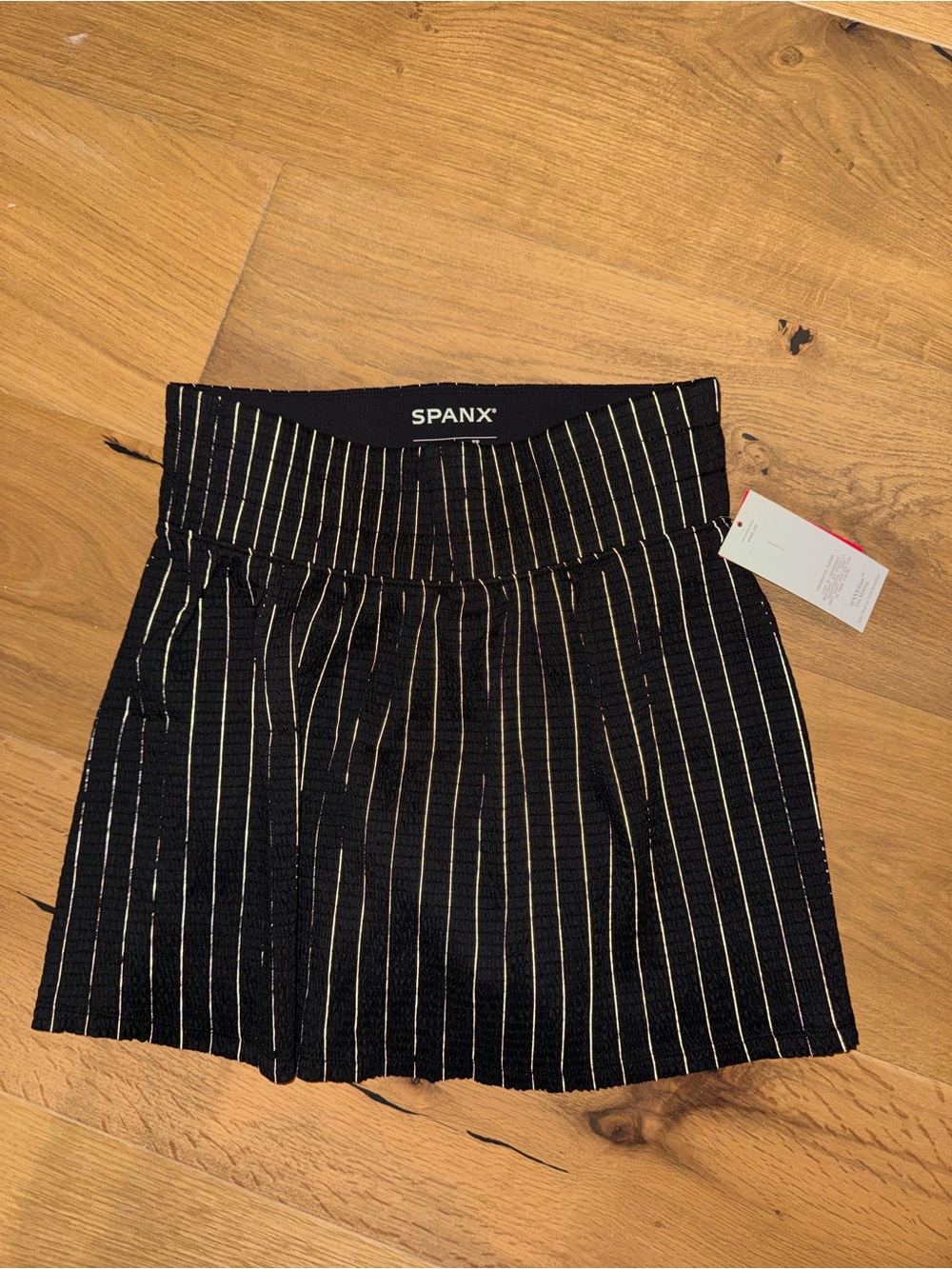 SPANX Black Mini Skirt with White Pinstripes